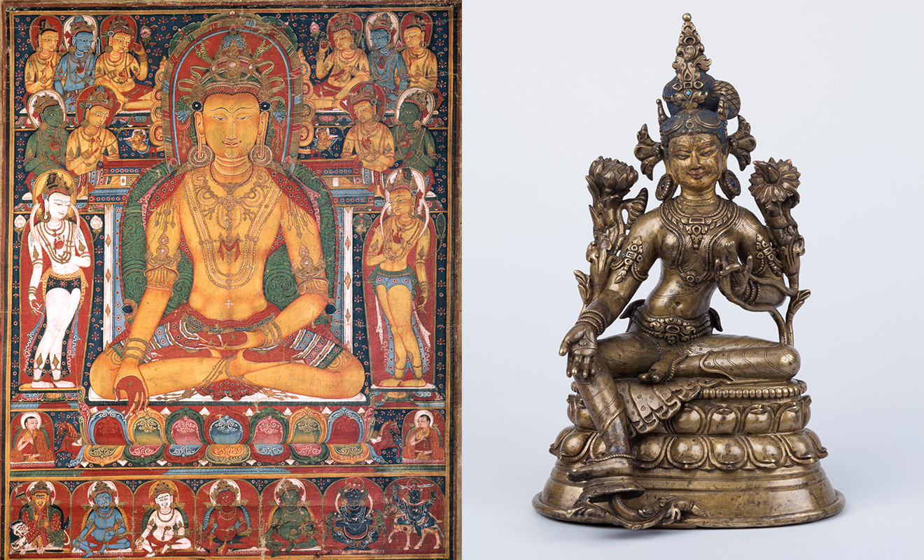 A collage of Buddha Ratnasambhava with Wealth Deities on the left, and Green Tara on the right