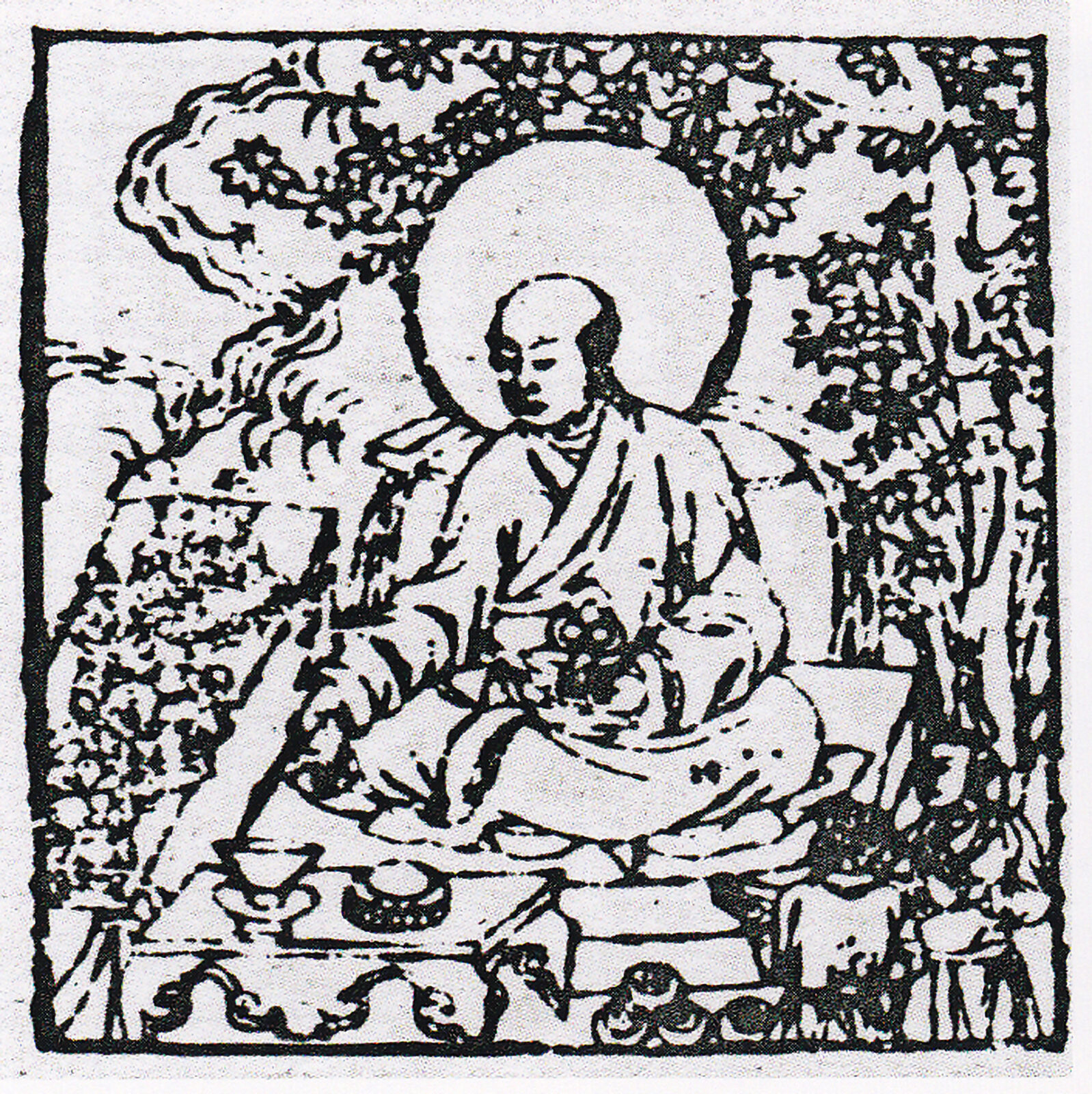 black and white woodcut print of a figure sitting in nature surrounded by people