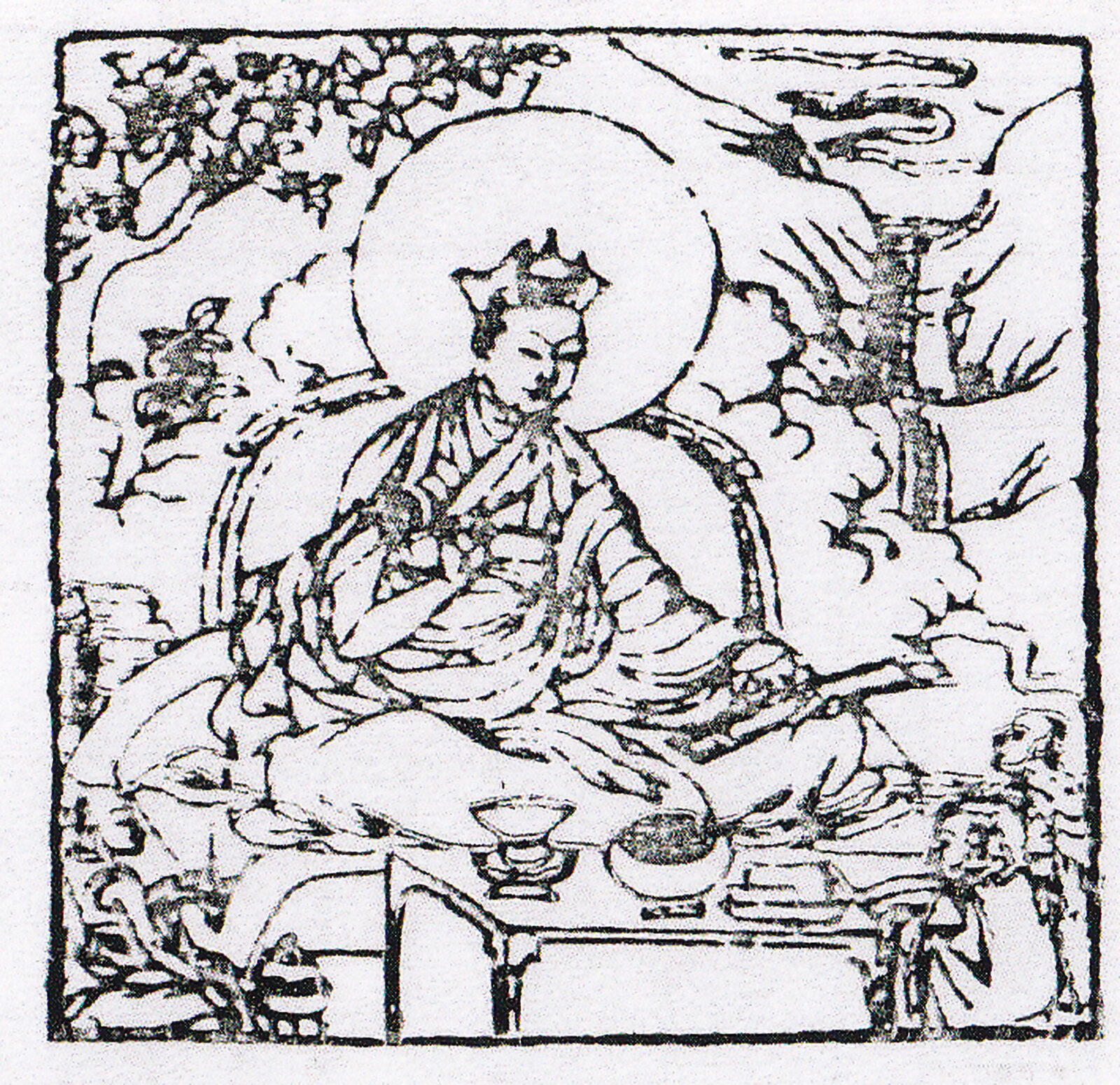 black and white woodcut print of Chokyi Jungne surrounded by people
