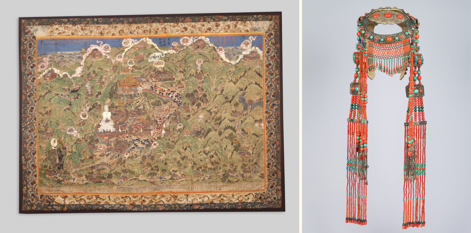 A collage of the Panoramic Map of Mount Wutai on the left side and the Chahar Mongolian headdress on right right side