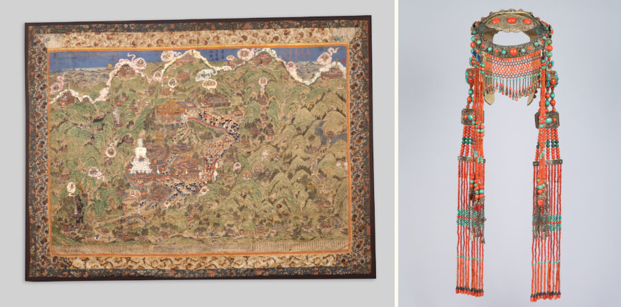A collage of the Panoramic Map of Mount Wutai on the left side and the Chahar Mongolian headdress on right right side