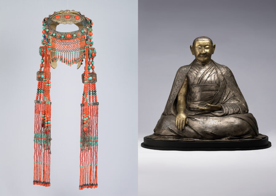 A collage of the Chahar Mongolian headdress on the left side and Unidentified Religious Master on the right side