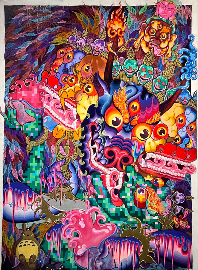 A bright colorful painting with different deities