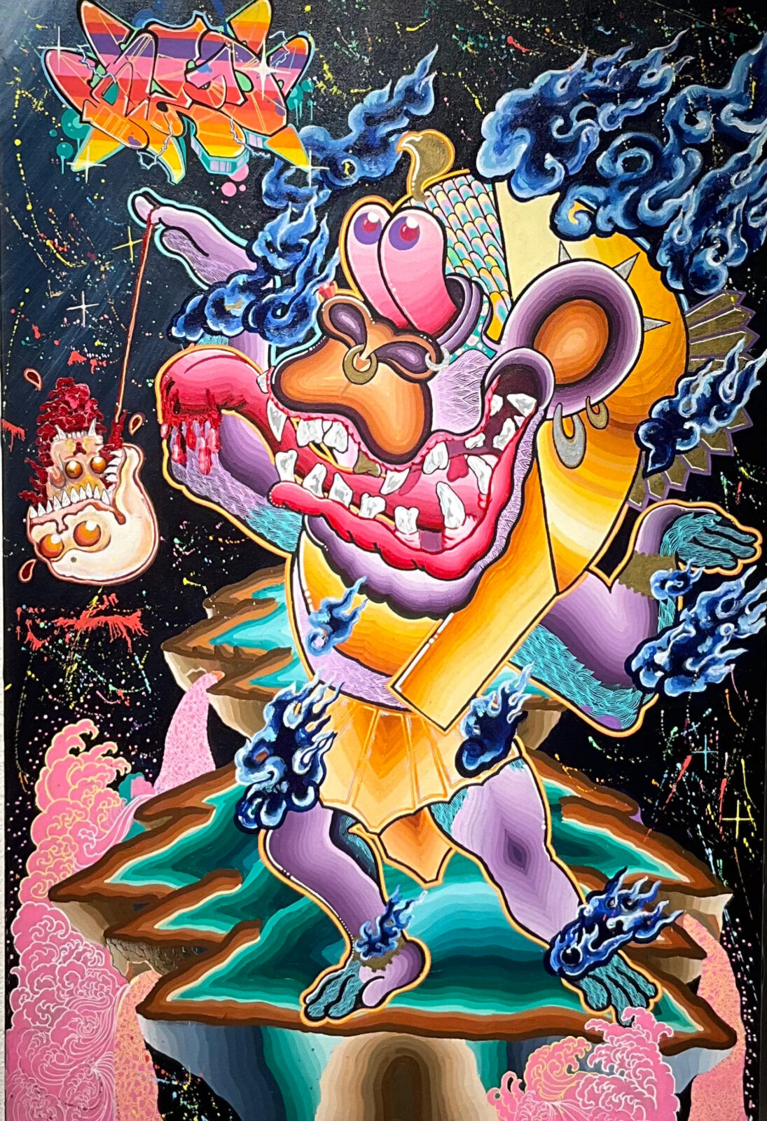A bright colorful painting of a figure with blue flames holding onto a string attached to a skull