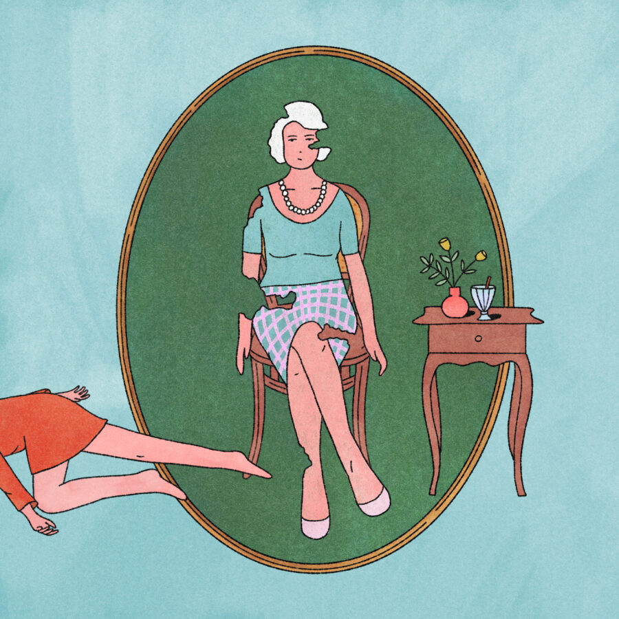 illustration of woman sitting with legs crossed and parts of her missing