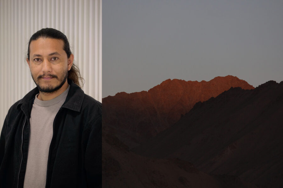headshot of amrit karki next to landscape of Ladakh