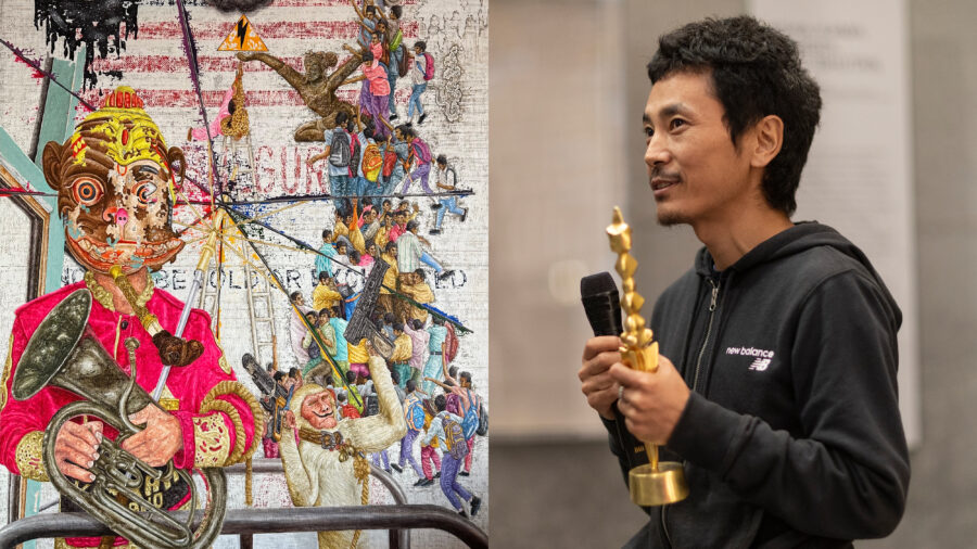 side-by-side image of the artwork chants of the monkey mind and artist Tenzin Gyurmey Dorjee holding the Rubin Art Prize