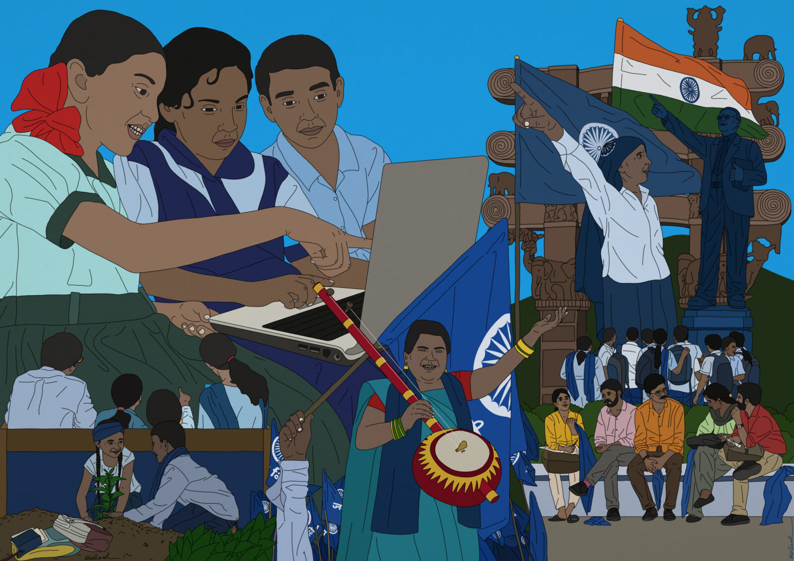digitally illustrated collage of every day scenes in India with a blue background