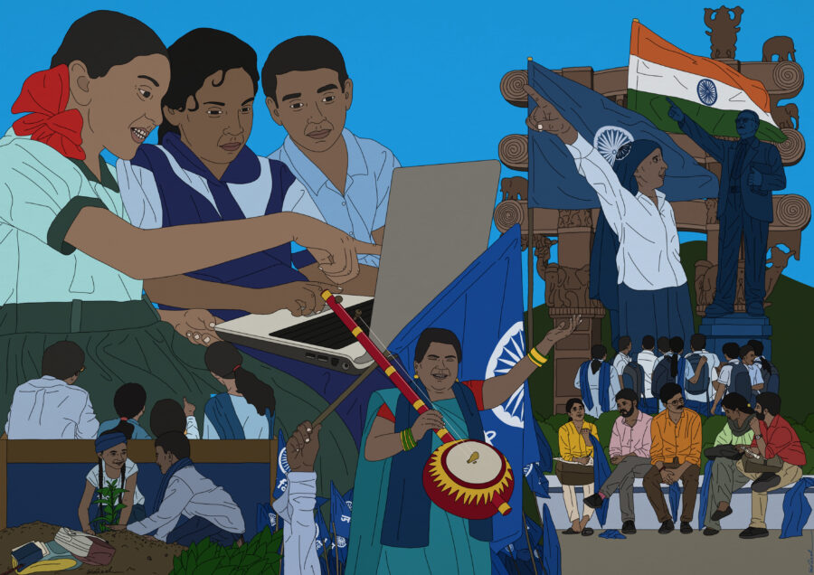 digitally illustrated collage of every day scenes in India with a blue background