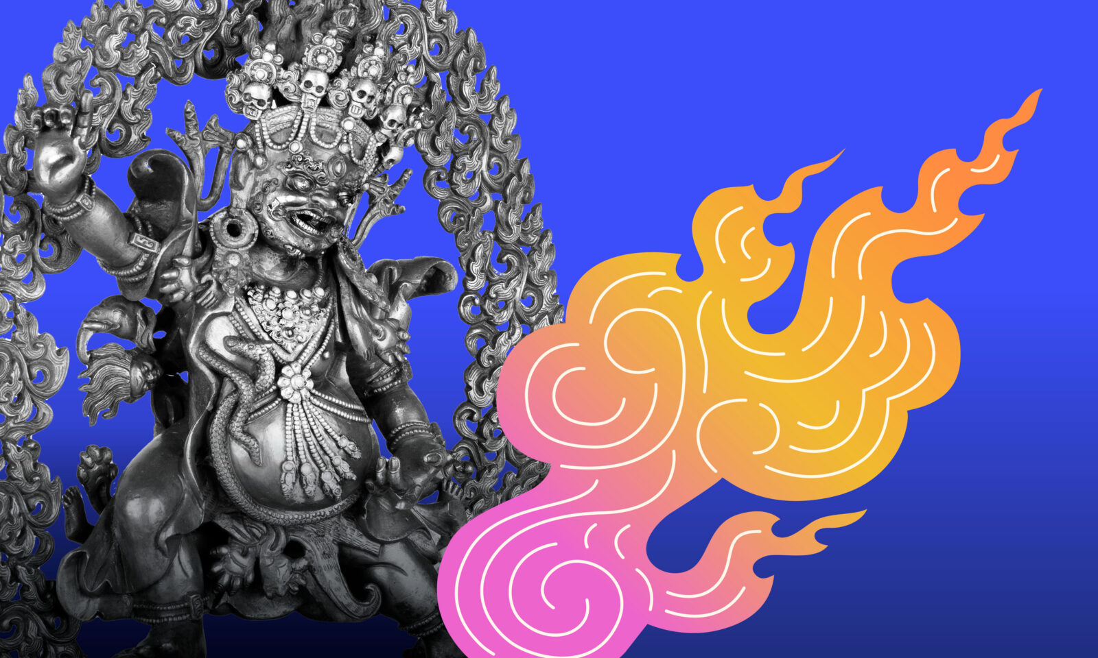 Collage of Vajrapani on the left, and a pink and yellow flame illustration on the right on a blue background