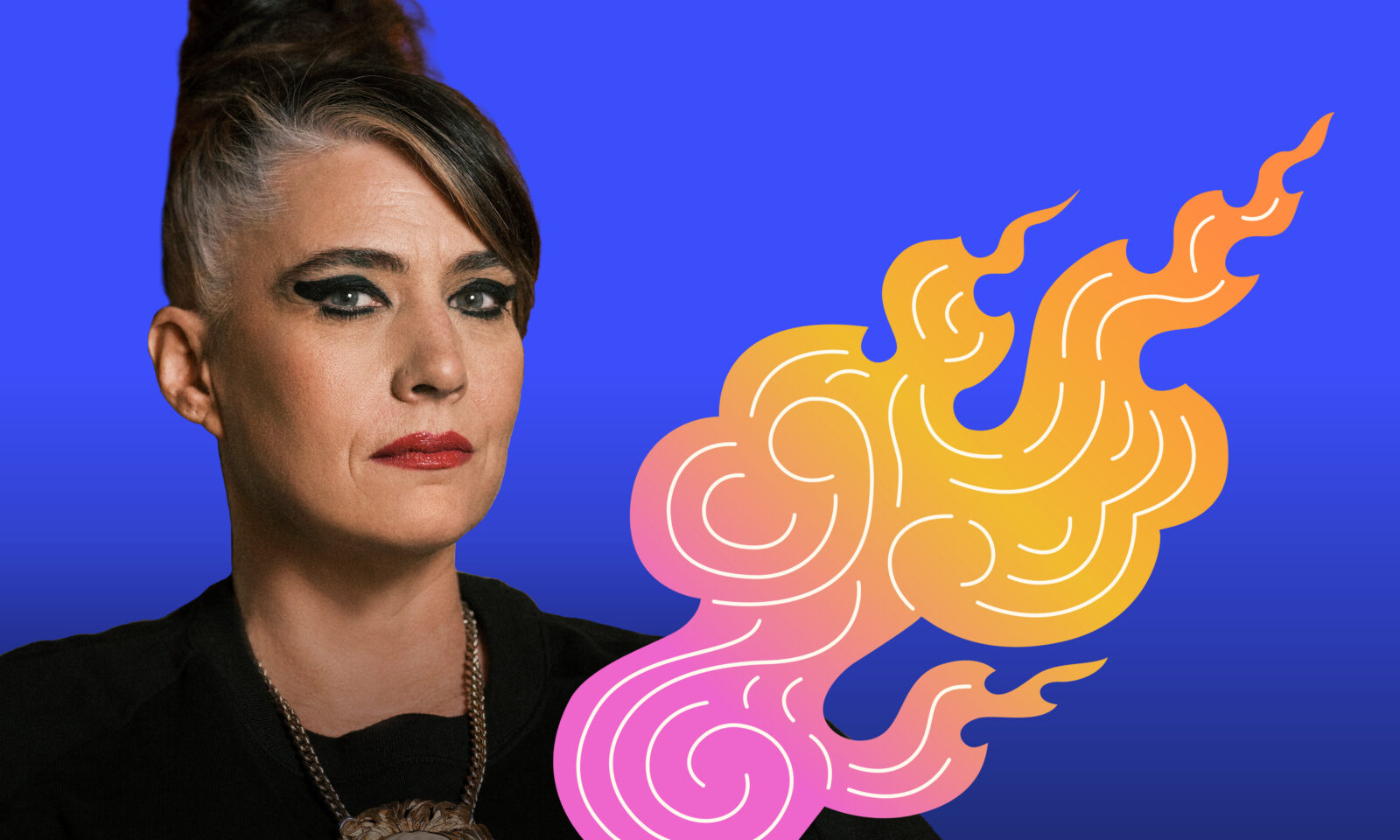Kathleen Hanna next to a geometric cloud shape in front of a blue background