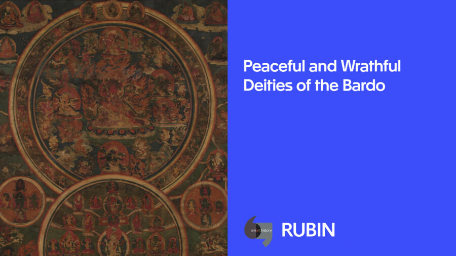 split image of a detail of Peaceful and Wrathful Deities of the Bardo on the left and a blue background with "Peaceful and Wrathful Deities of the Bardo" in white text on the right