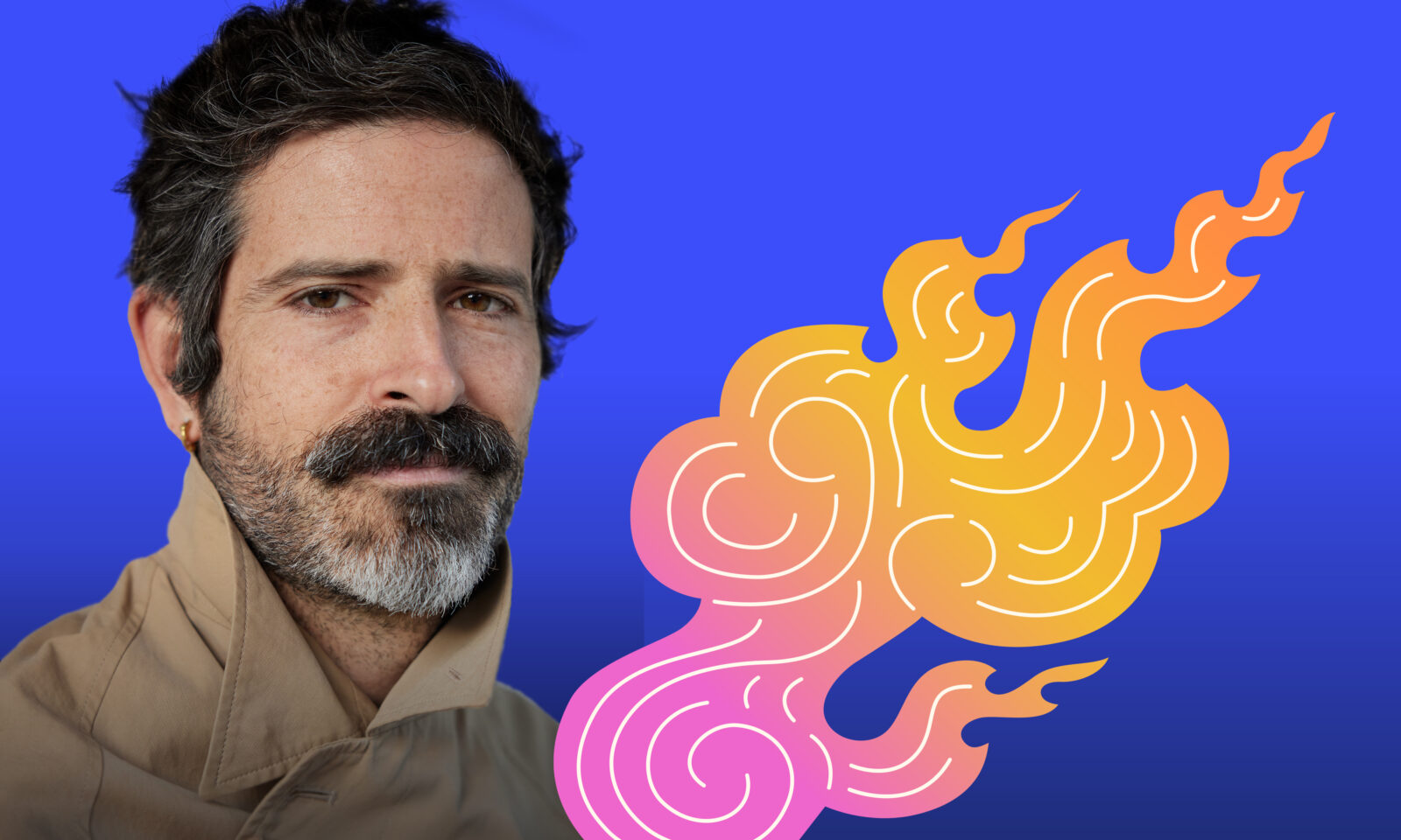 headshot of devendra banhart over blue background with pink and orange flame illustration