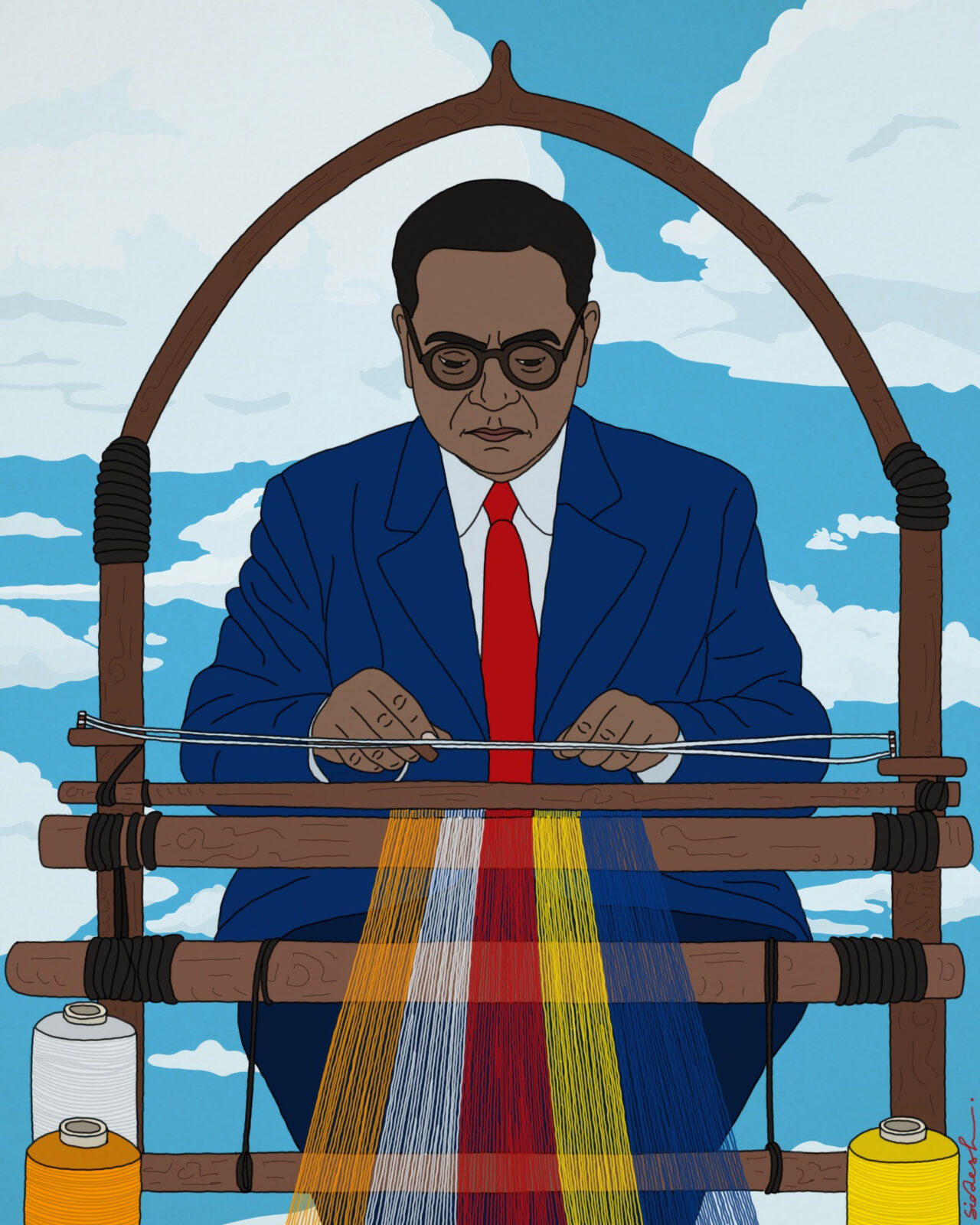 digital illustration of a man in a suit weaving a fabric out of orange, white, red, yellow and blue threads