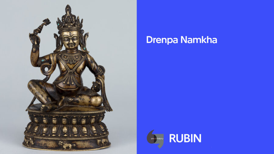 split image of a sculpture of Drenpa Namkha on the left and a blue background with "Drenpa Namkha" in white text on the right