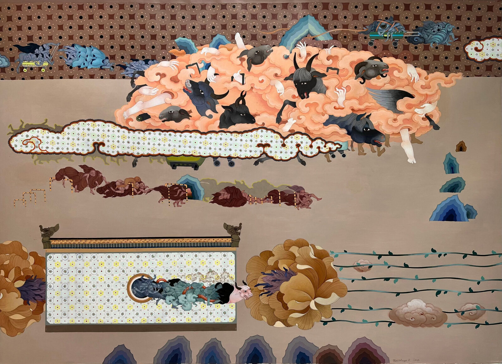 painting of a cloud with various animal heads emerging and abstract shapes made of human-like forms scattered across the canvas