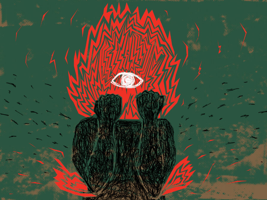 Illustration of a figure against a green background, with their head depicted as a flame containing a single white eye at the center