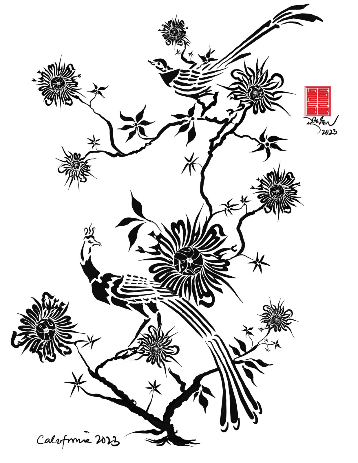Black and white drawing of two birds on a branch with flowers made up on written script