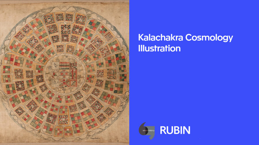 split image of a detail of Kalachakra Cosmology Illustration on the left and a blue background with "Kalachakra Cosmology Illustration" in white text on the right