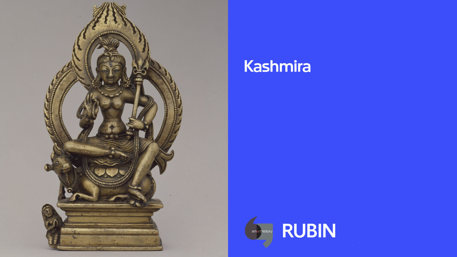 split image of a sculpture of Parvati on the left and a blue background with "Kashmira" in white text on the right
