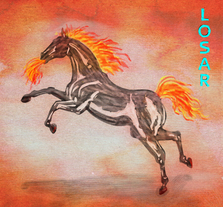 illustration of a galloping horse with flames for its mane and tail