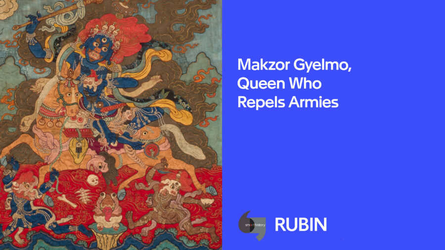split image of a detail of Makzor Gyelmo, Queen Who Repels Armies on the left and a blue background with "Makzor Gyelmo, Queen Who Repels Armies" in white text on the right