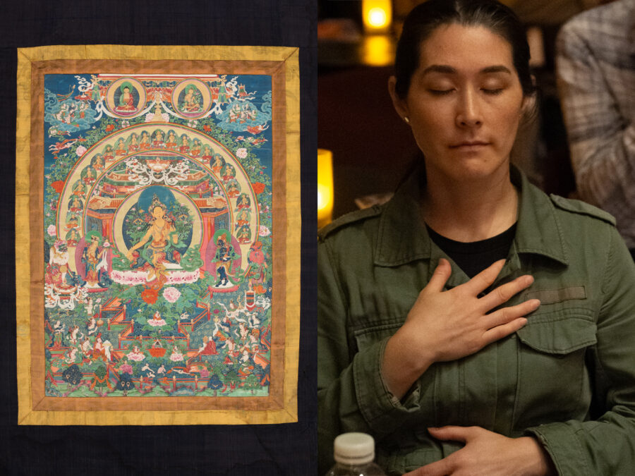 collage of two images, on the left side is a painting and on the right is an adult with eyes closed and their right hand over their chest