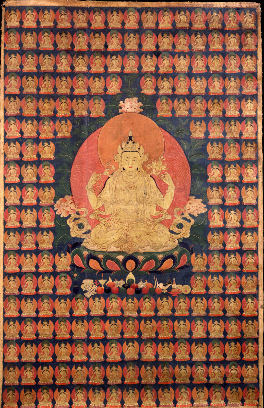 Painting of large, four-armed seated figure surrounded by rows and rows of smaller seated figures.