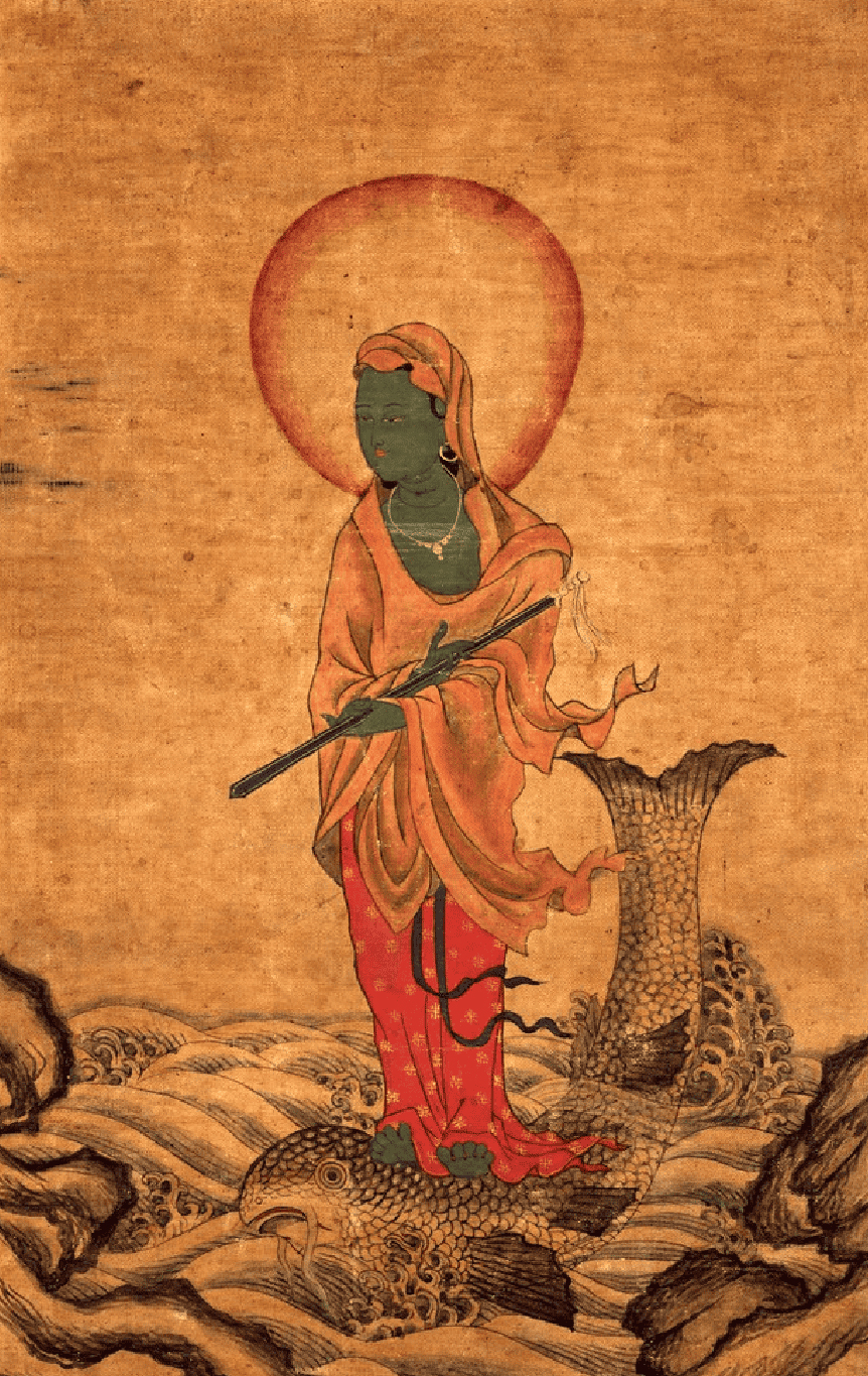 Painting of green figure dressed in flowing robes, standing on fish in body of water.