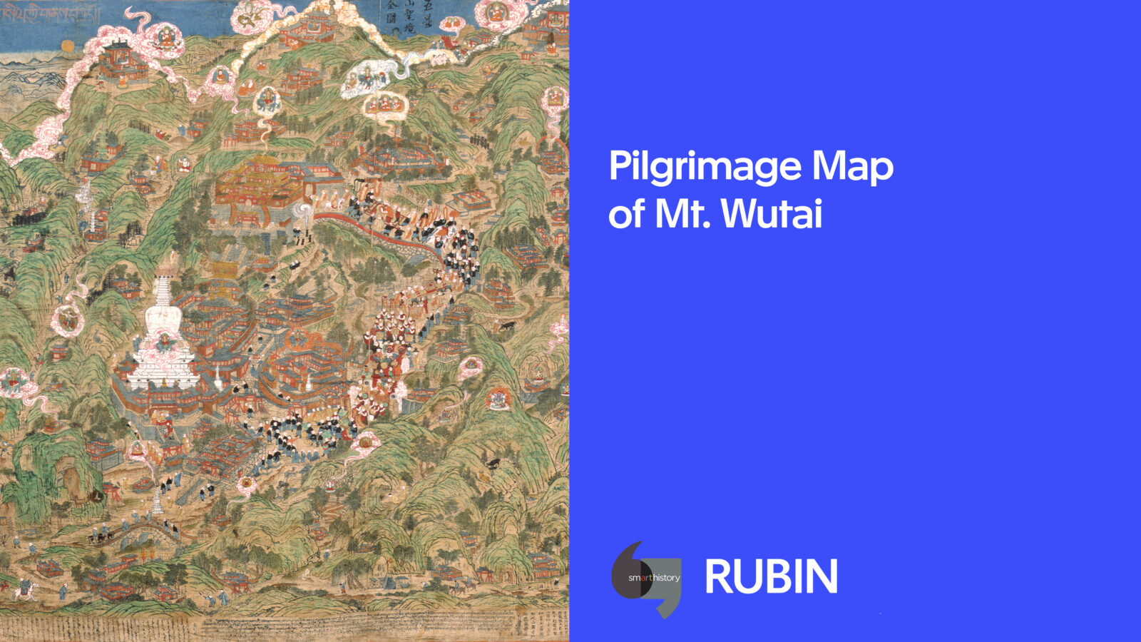 split image of map on the left and a blue background with "Pilgrimage Map of Mt. Wutai" in white text on the right