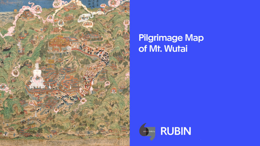 split image of map on the left and a blue background with "Pilgrimage Map of Mt. Wutai" in white text on the right