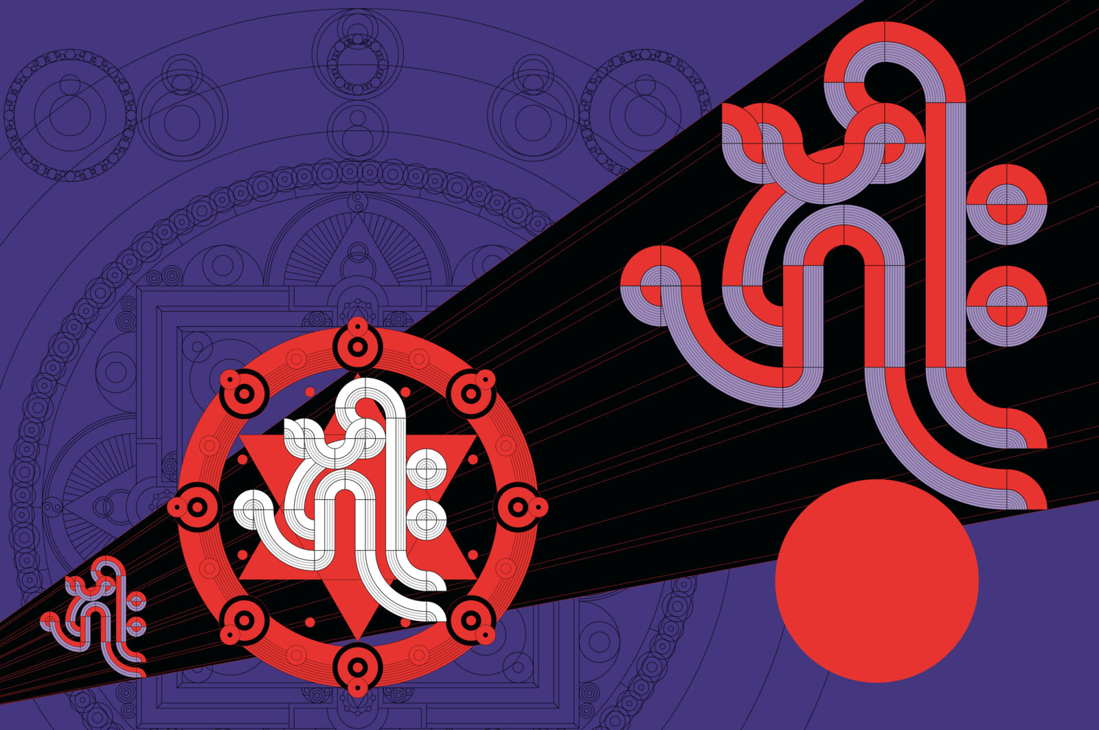 white, orange, purple, and black geometric design