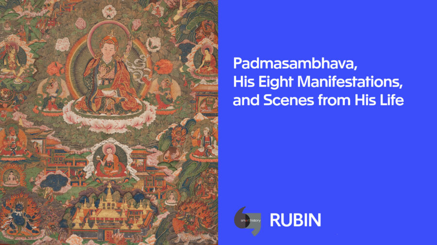 split image of a detail of Padmasambhava, his eight manifestations, and scenes from his life on the left and a blue background with "Padmasambhava, His Eight Manifestations, and Scenes from His Life" in white text on the right
