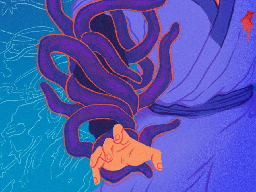 Illustration of a person standing against a blue background, with purple abstract shapes coiled around their arm