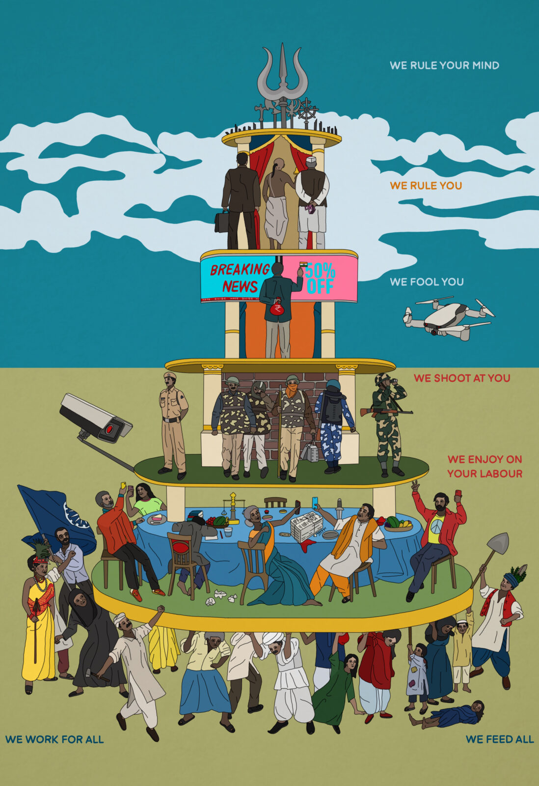 Digital illustration of a pyramid of people holding each level up above them. Words on the right side from top to bottom says: "WE RULE YOUR MIND. WE RULE YOU. WE FOOL YOU. WE SHOOT YOU. WE ENJOY YOUR LABOR. WE WORK FOR ALL. WE FEED ALL."
