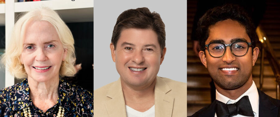 collage of three smiling people: a woman with blonde hair on the left, a man with brown hair in the center, and a man with black hair and glasses on the right