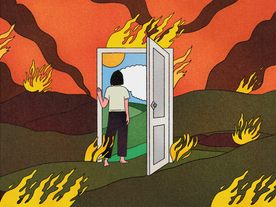 Illustration of a person in a field on fire walking towards a door that opens to another sunnier landscape