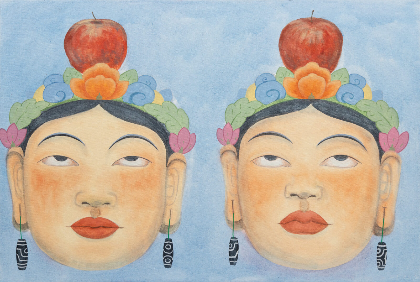 A painting of two almost identical heads looking up, with an apple on top of each head. Both heads are wearing earrings and a crown made of leaves and flowers.