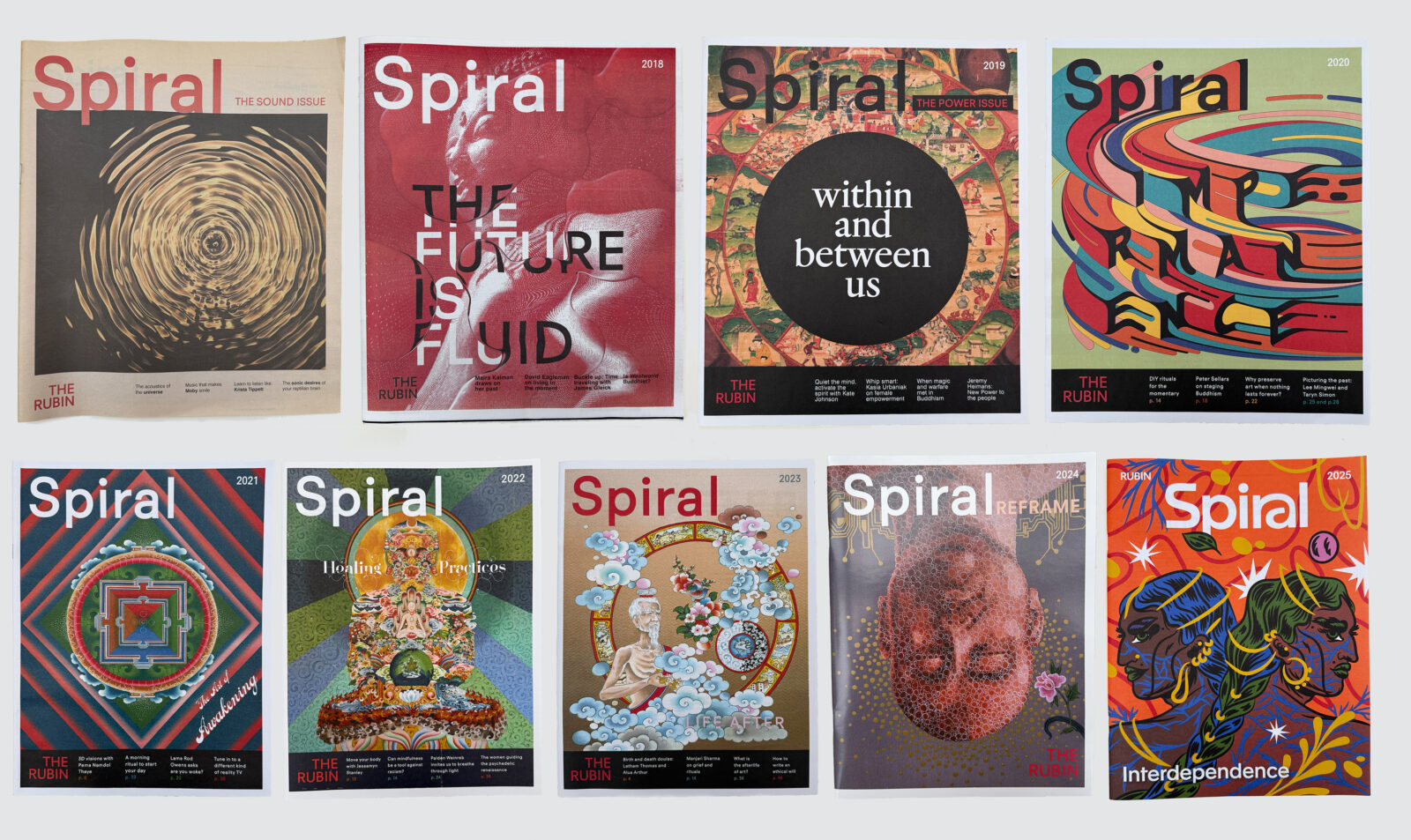 two rows of magazine covers titled "Spiral", with four covers in the top row and five covers in the bottom row