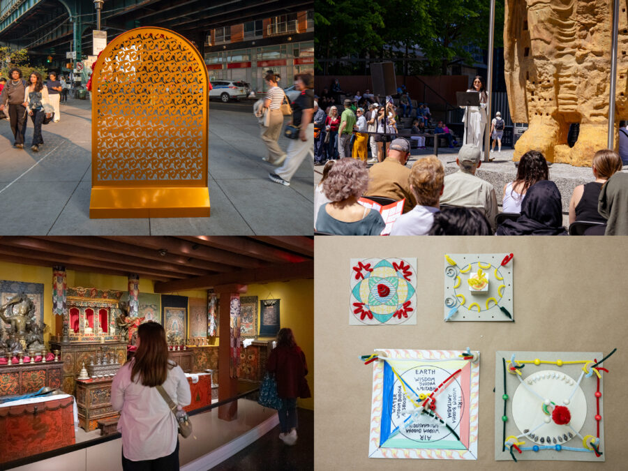 A four-image collage. Clockwise from top left: IMAGE (a.k.a. Sneha Shrestha)'s About a Living Culture sculpture; a crowd facing Tuan Andrew Nguyen’s The Light That Shines Through the Universe on the High Line Plinth; four mandalas made by beads, pipe cleaners, and markers; and two guests in the Rubin Museum Tibetan Buddhist Shrine Room.