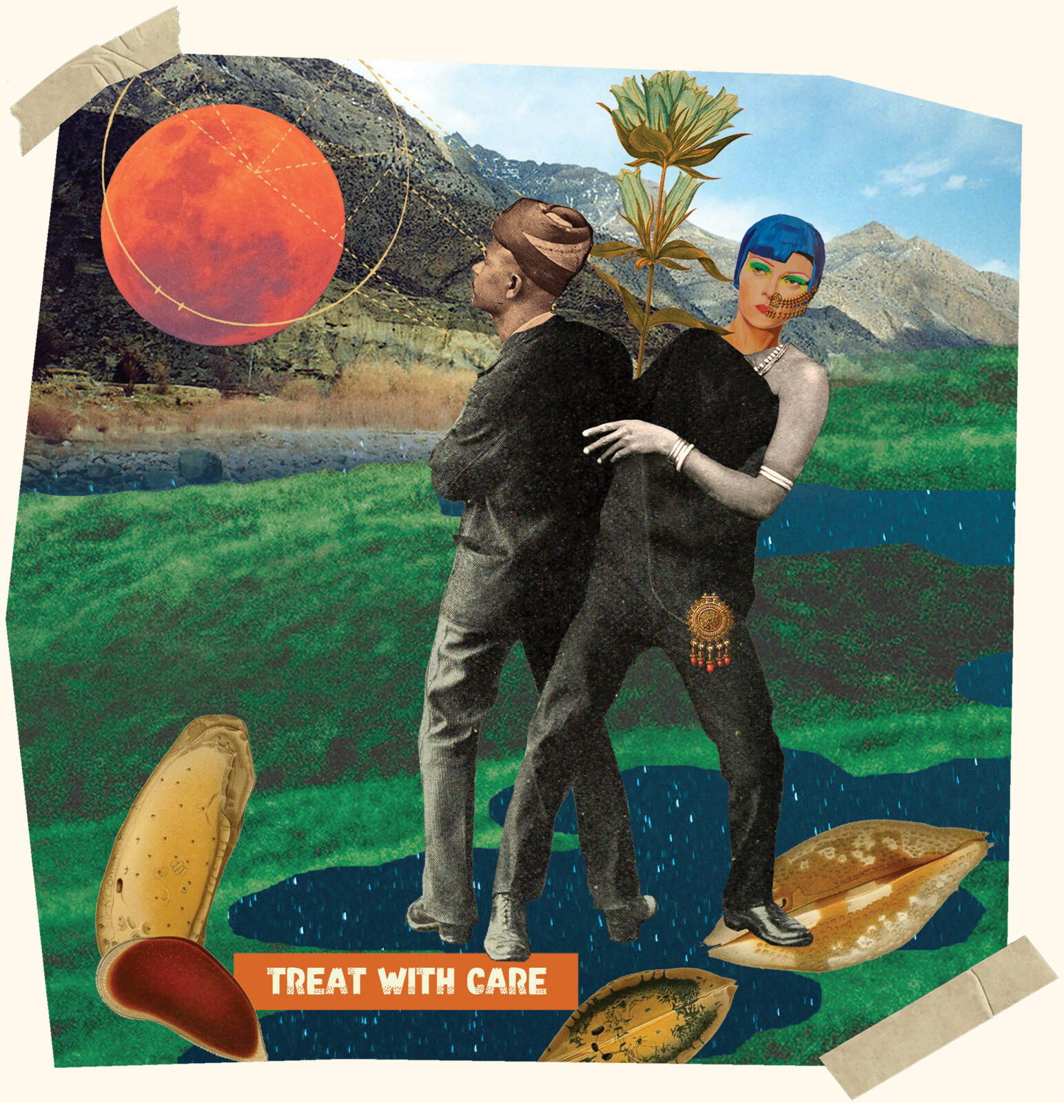 Collage of two people standing together in a field in front of a mountain and the text “TREAT WITH CARE.”