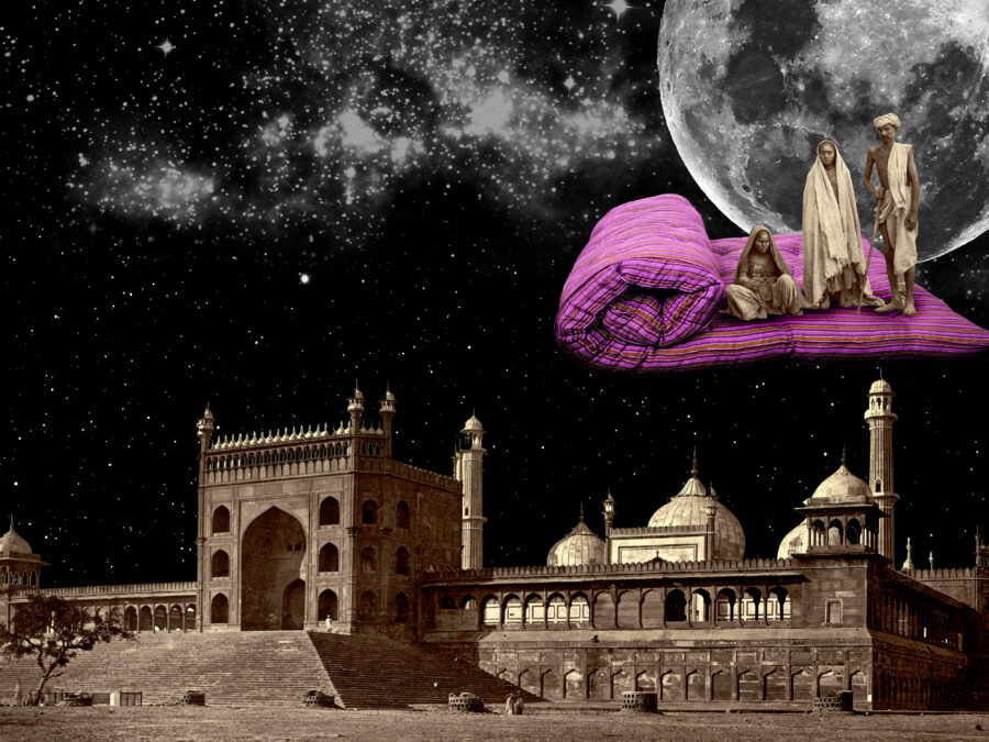 A yellow-toned building stands against a black, starry sky with a large moon in the upper right. Three figures stand on a partially unrolled piece of fabric floating in front of the moon.