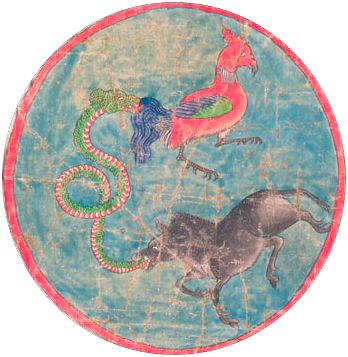 Circular painting of snake, bird, and horse connected in a circle.