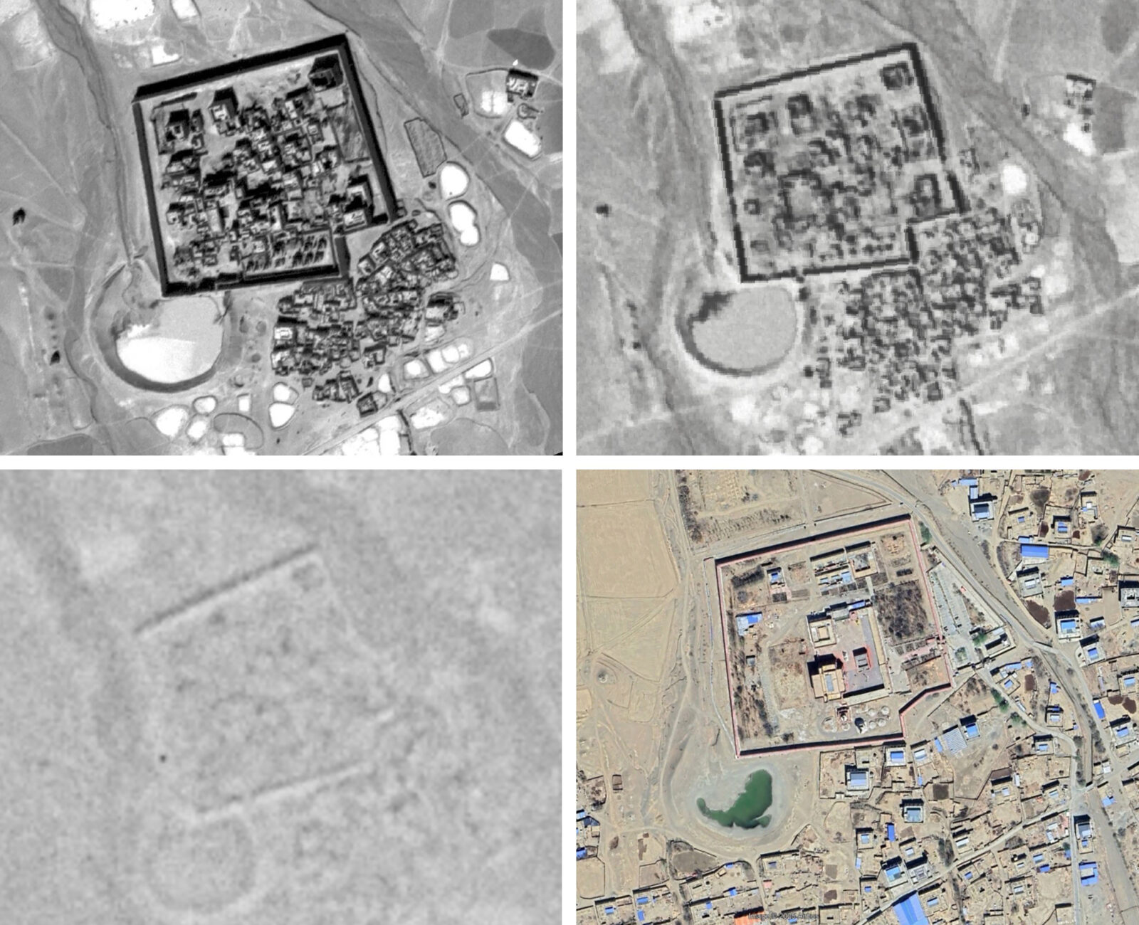 series of aerial photographs of monastery in black and white