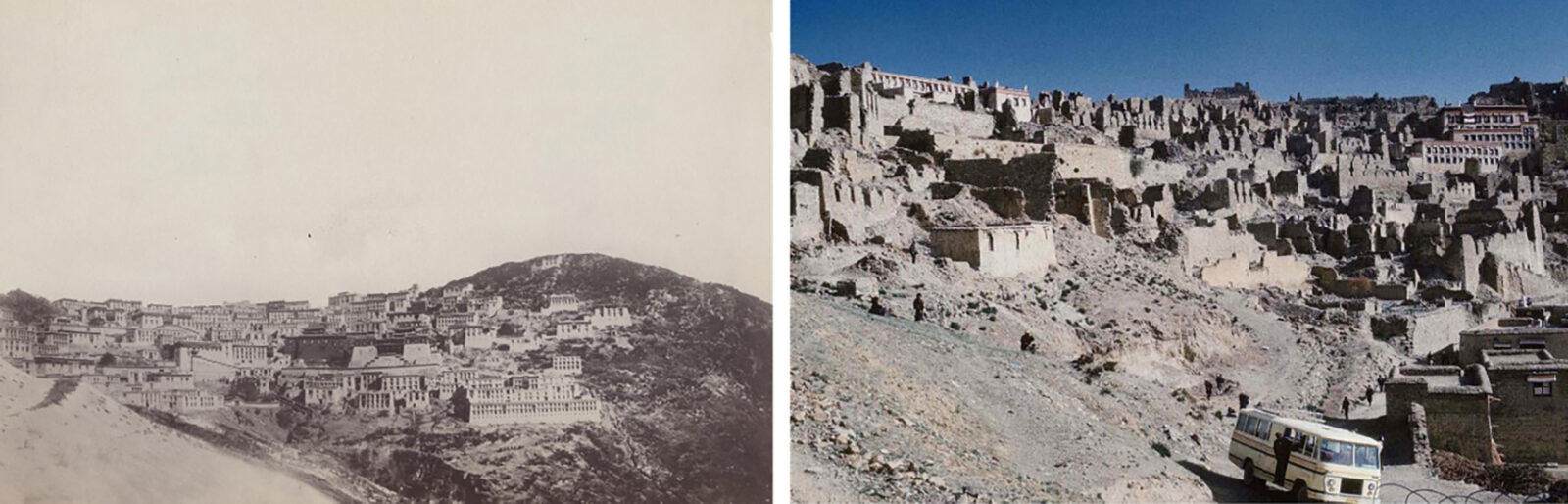 side-by-side archival images of Ganden Monastery in Tibet