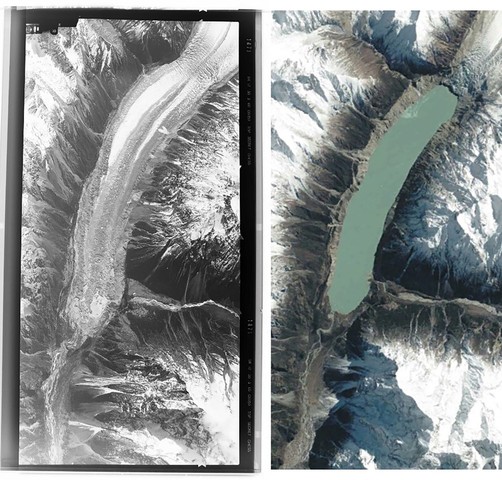 u-2 spy plane film negative of a glacier in the Himalayas