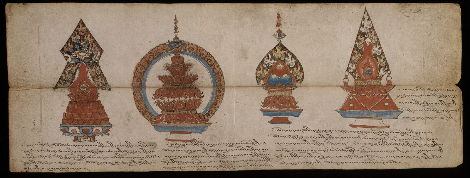 A Tibetan manuscript showcasing several types of tormas