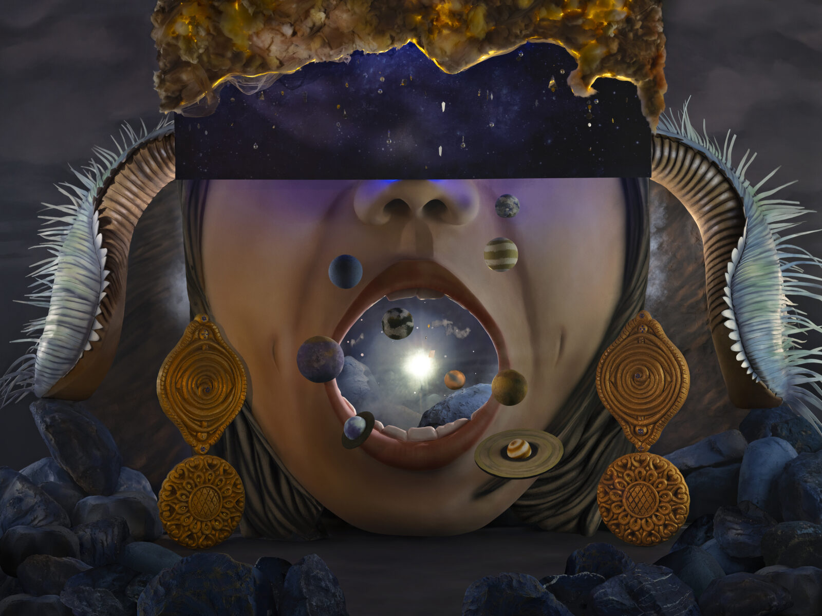 A collage of a human face with the mouth open, with planets emerging out of it. The eyes are covered by clouds and a galaxy.