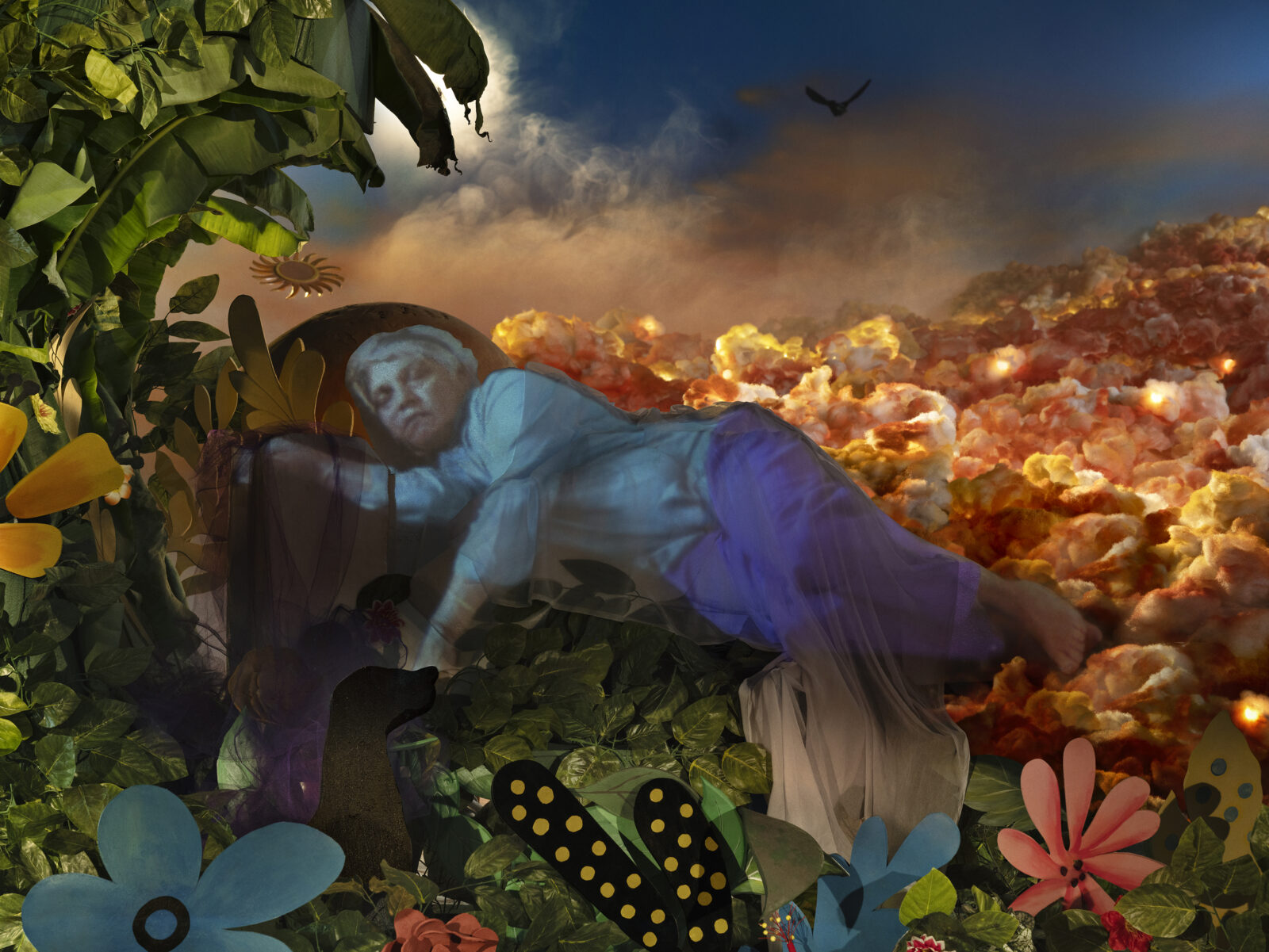 A collage of a figure sleeping on green foliage, with yellow, orange, and red clouds on a blue background and a bird in the sky