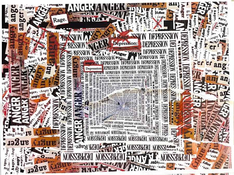 A collage of words cut out of a newspaper with red markings on top